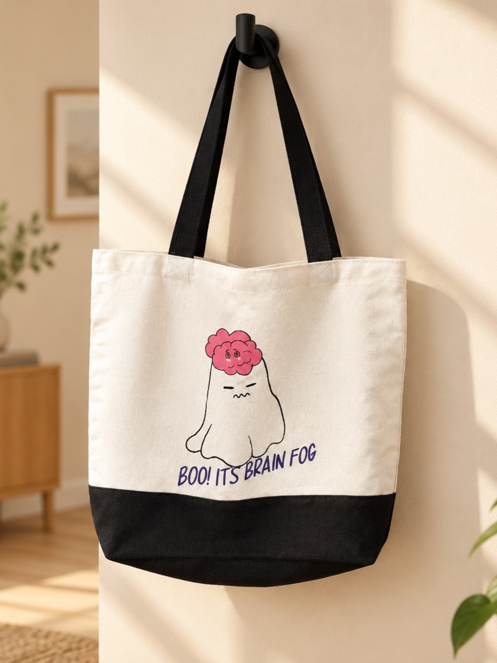Canvas Tote Bag with 'Brain Fog' Illustration - Cream and Black